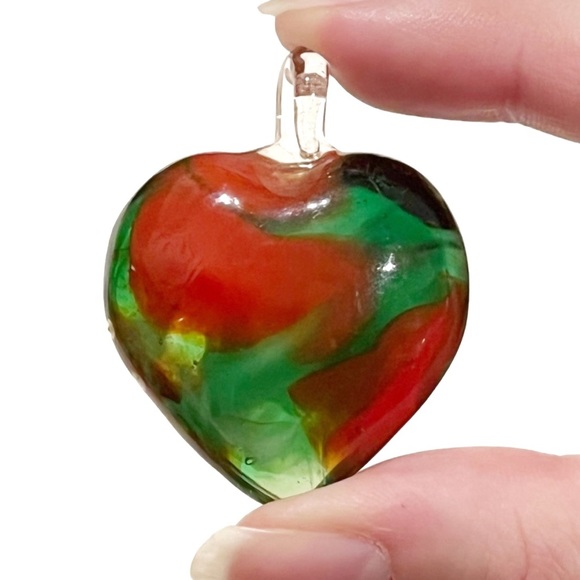 Large Art Glass Heart Necklace Pendant Red Green White Holiday Christmas Swirl - Picture 4 of 11